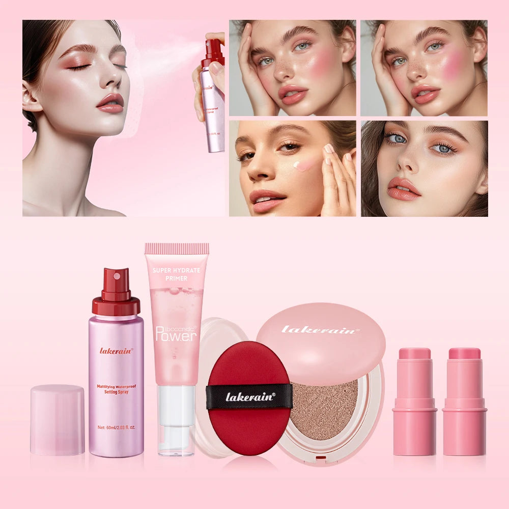 Pink Makeup Set Primer Setting Spray Include Air Cushion Foundation Base MakeupLipstick 5pcs/set Blush Hold Cosmetics Kit Peaceful Pleasures Health and Wellness