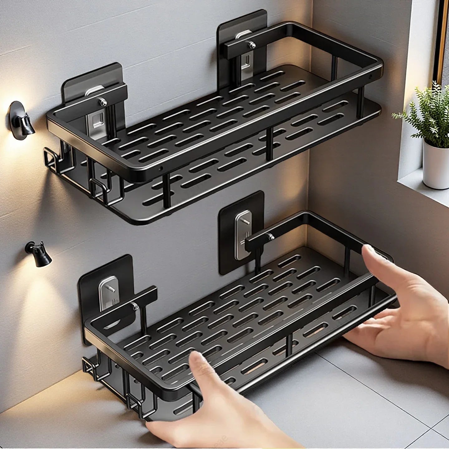 No-Drill Aluminum Shower Shelf | Wall-Mounted Bathroom Organizer