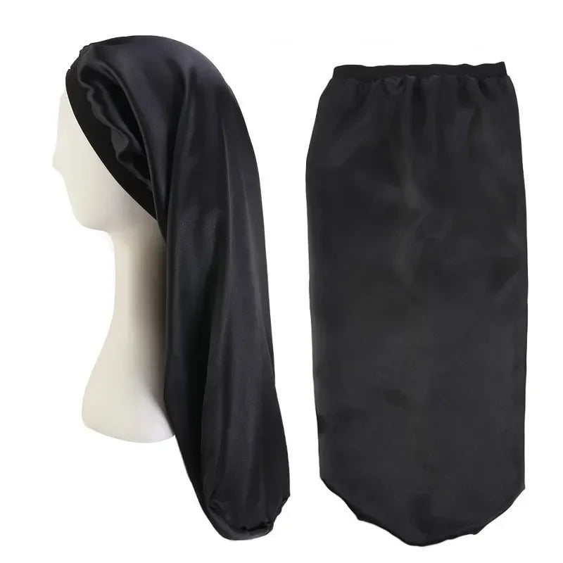 Satin Sleep Cap | Wide Elastic Bonnet for Long Hair Care Satin Sleep Bonnet Peaceful Pleasures Health and Wellness black