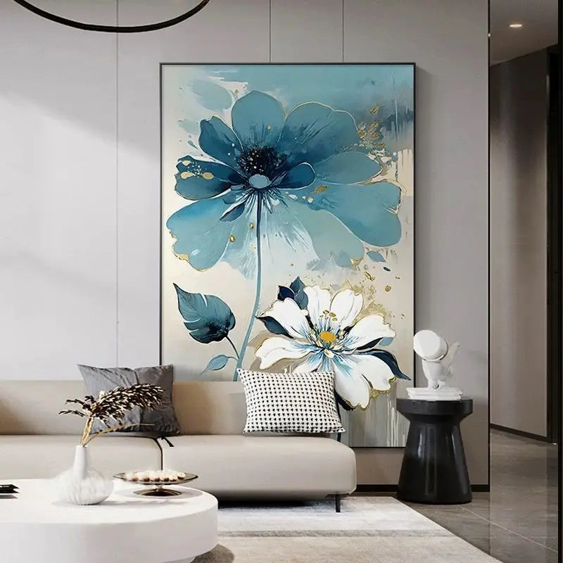 Ink Dyed Artistic Conception Blue Flowers Decoration Painting，Abstract Wall Oil Painting,100% Handmade,Images of Home Decoration Peaceful Pleasures Health and Wellness No frame 100cmx200cm