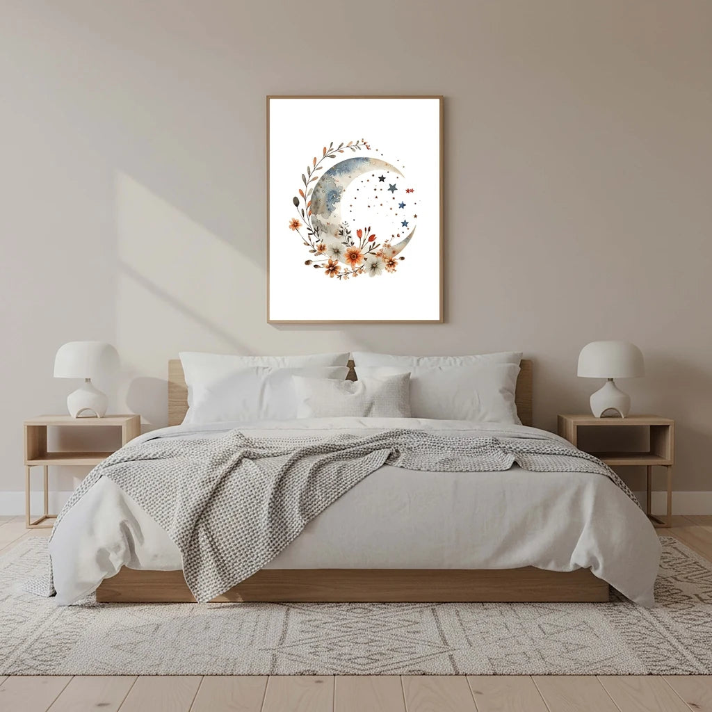 Plant Flower Wall Art, Nordic Moon Canvas Painting, Minimalist Aesthetic Poster Print for Living Room Bedroom Wall Decor Peaceful Pleasures Health and Wellness