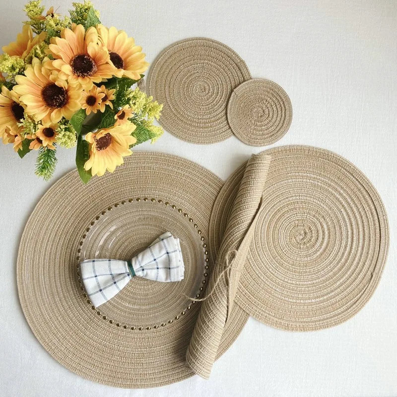 Nordic Style Imitation Cotton Yarn Placemat Round Ramie Woven Coaster Insulation Dish Mat Household Anti-scald Mat Peaceful Pleasures Health and Wellness