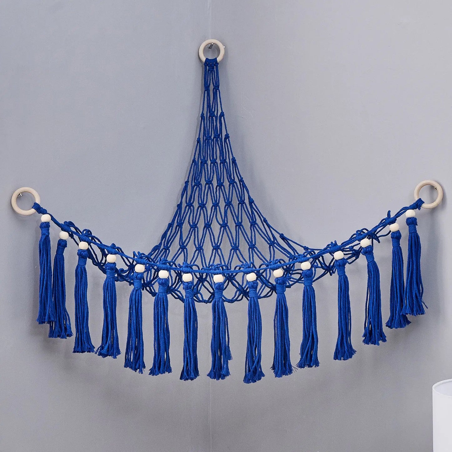 Triangle Wall Hanging Toy Net Pouch Children Room Storage Organizer Knitted Plush Toy Hammock Net Peaceful Pleasures Health and Wellness Blue 90x90x95