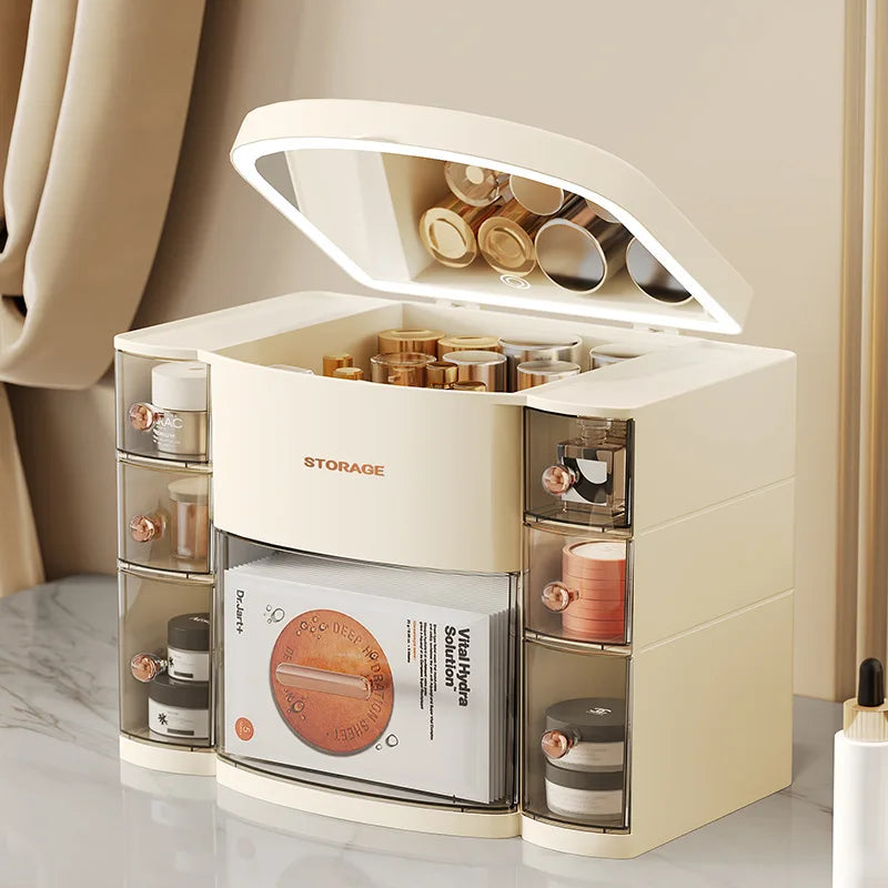 Large Capacity Cosmetic Storage Box with Mirror Dustproof Multifunctional Makeup Organizer Shelf for Vanity Table Home Use Peaceful Pleasures Health and Wellness