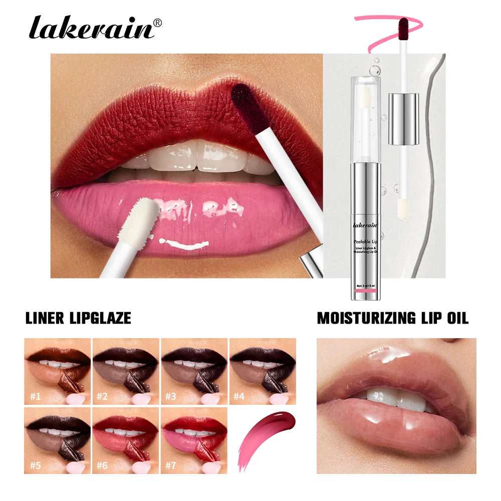 Lakerain 2 In 1 Liner Lipglaze & Moisturizing Lip Oil Peel-off Lip Gloss Deep Hydration Waterproof Soft Lips Dual-head Design Peaceful Pleasures Health and Wellness