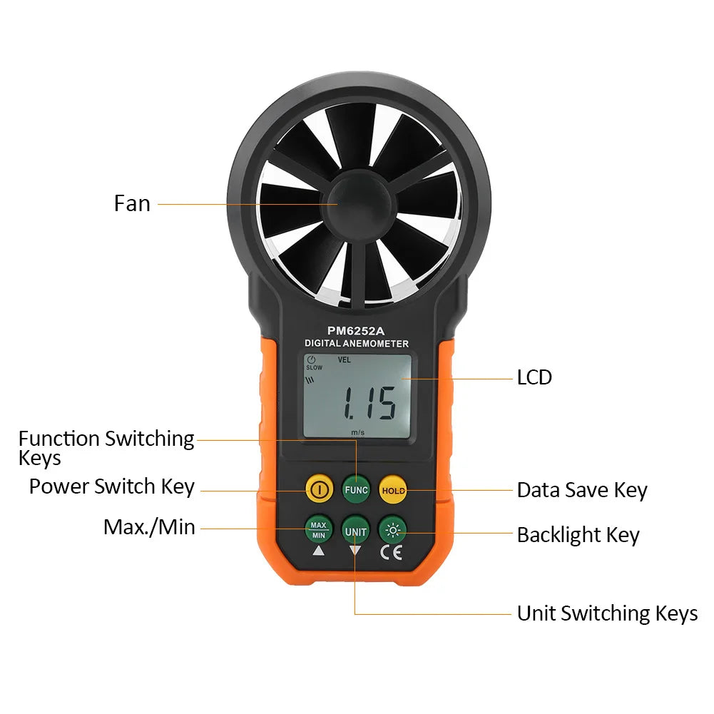 Handheld Digital Anemometer PEAKMETER PM6252A Wind Speed Meter Air