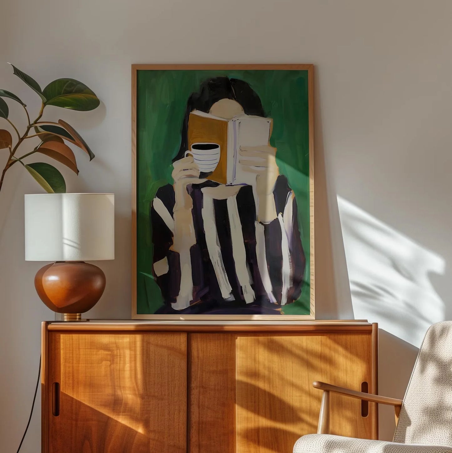 Emerald Green Reading Woman Canvas Wall Art | Minimalist Print