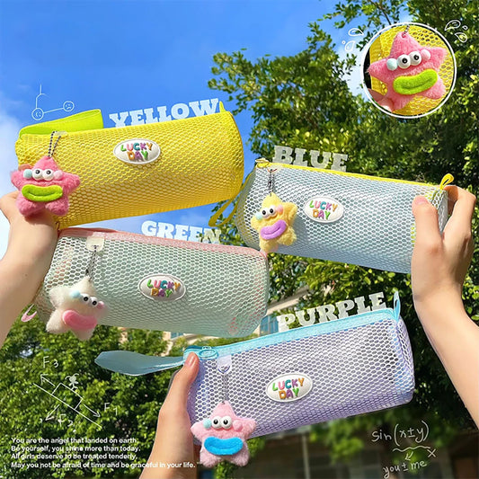 Colorful Visual Mesh Pencil Case Large Opening Capacity Student Exam Peaceful Pleasures Health and Wellness