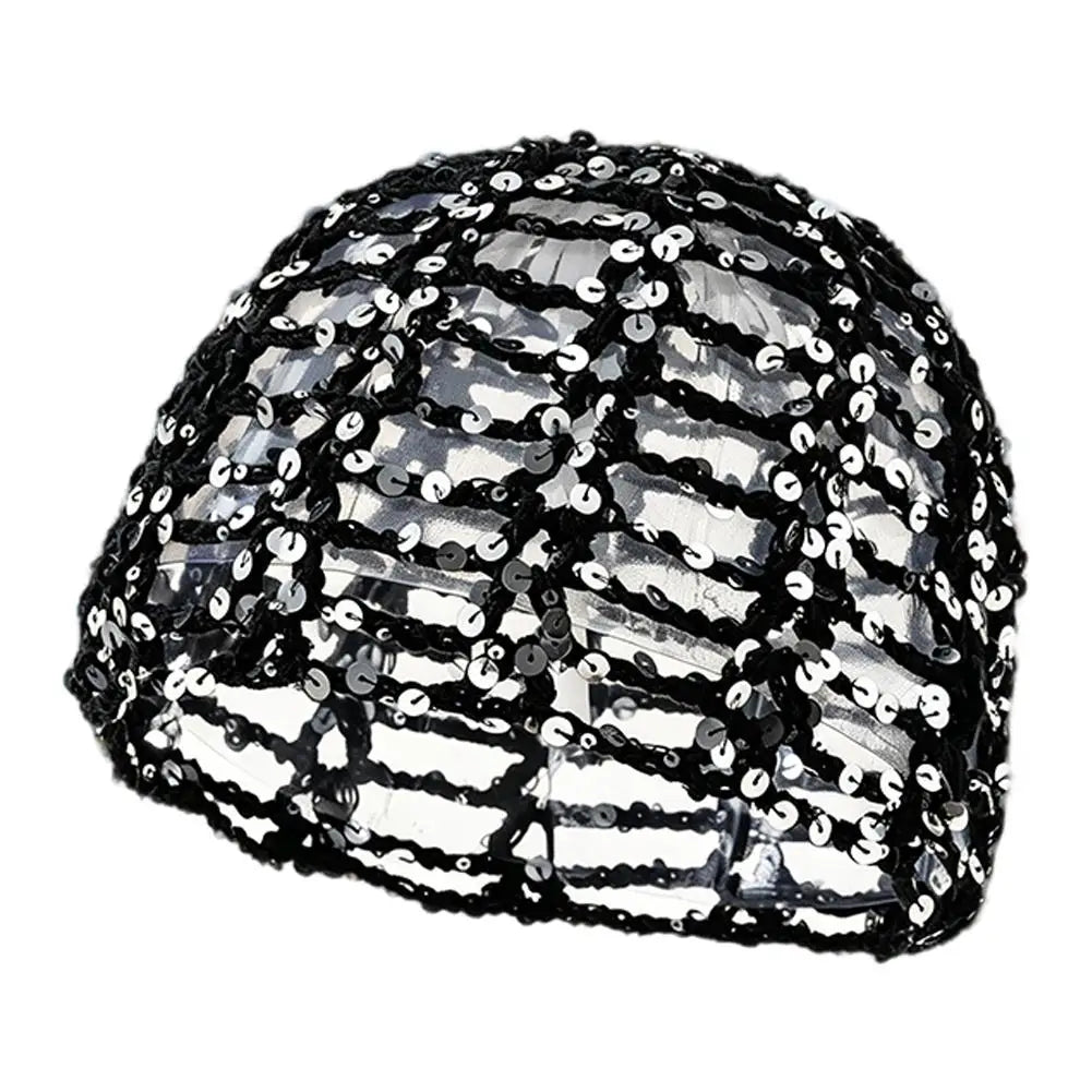 Y2K Sequined Crochet Beanie – Fishnet Pullover Hat for Women