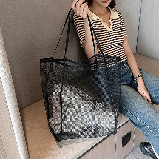 Large Mesh Beach Bag with Zipper – Pool Tote for Family & Toys Mesh Beach Tote Bag Oasis Select black