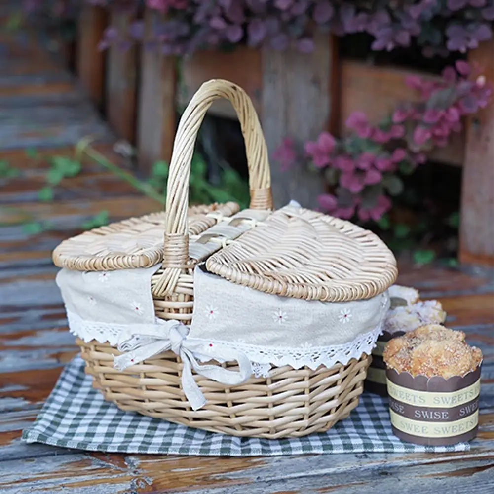 Handmade Wicker Picnic Basket With Lid and Handle Peaceful Pleasures Health and Wellness