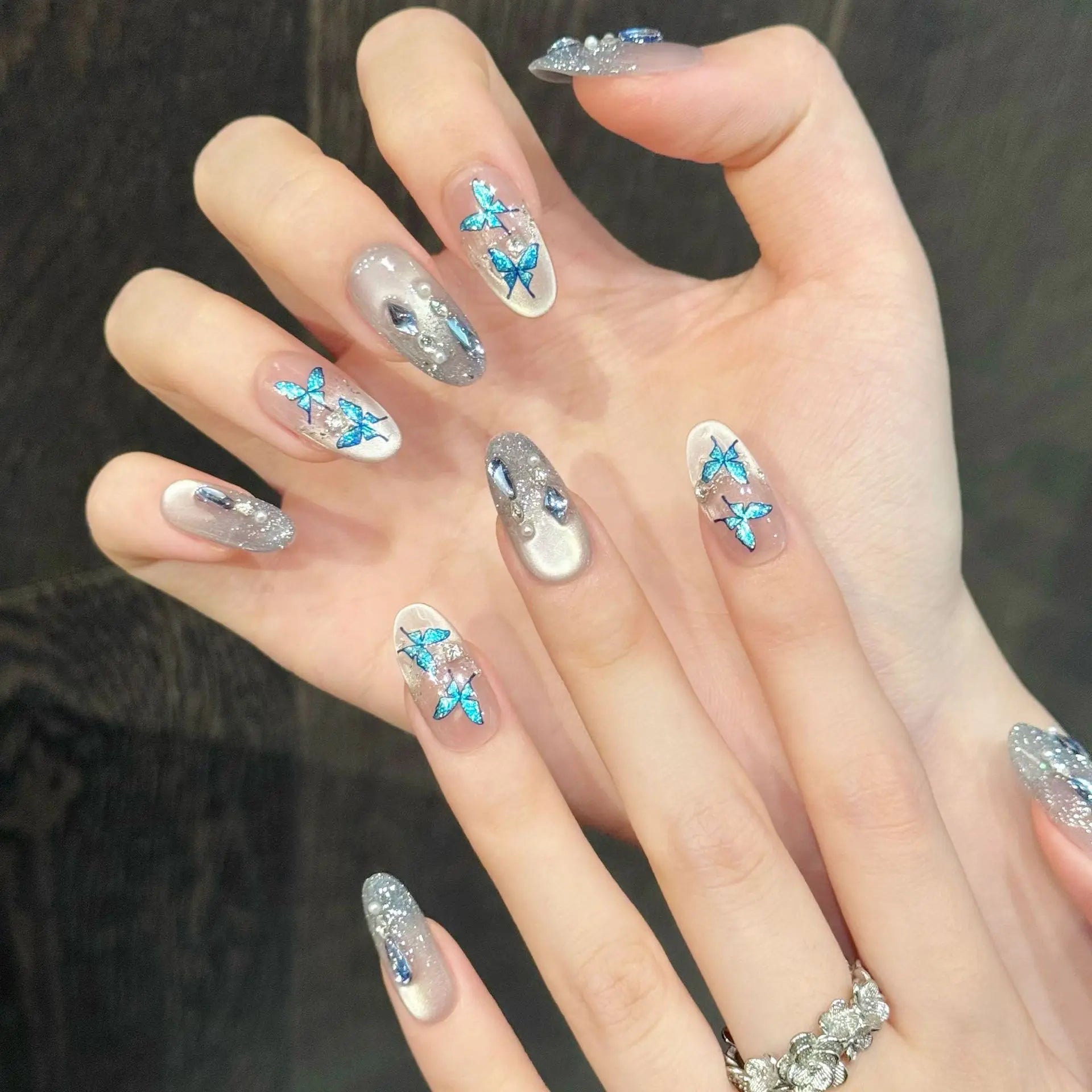 10pcs Handmade Glitter Gradient Press on Nails Sea Blue Butterfly Cat's Eye Fake Nails Wearable Diamond Decor False Nails Tip Peaceful Pleasures Health and Wellness