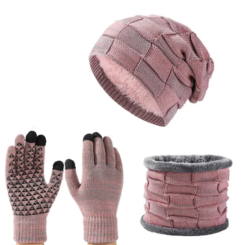 Autumn Winter Unisex Warm & Soft Winter Fleece-lined Knitted Hat,Scarves And Touch Screen Gloves 3-Piece Set Peaceful Pleasures Health and Wellness Pink Red