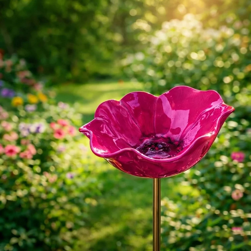 Handcrafted Metal Flower Garden Stake & Bird Bath | UV Resistant