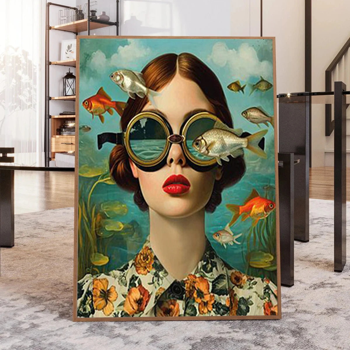 Cartoon Childlike Girl Wearing Glasses in Water Illustration Wall Art Canvas Painting Poster for Living Room Home Decor Trends Peaceful Pleasures Health and Wellness