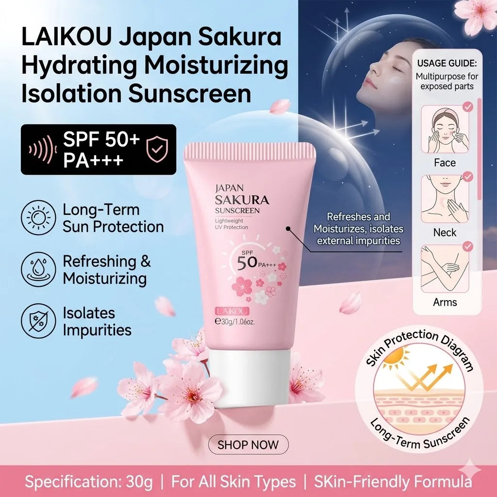 LAIKOU Japan Sakura Sunscreen SPF 50+ Brightening Sunblock Cream Face Body Moisturizing Isolating UV Protector 30g Peaceful Pleasures Health and Wellness