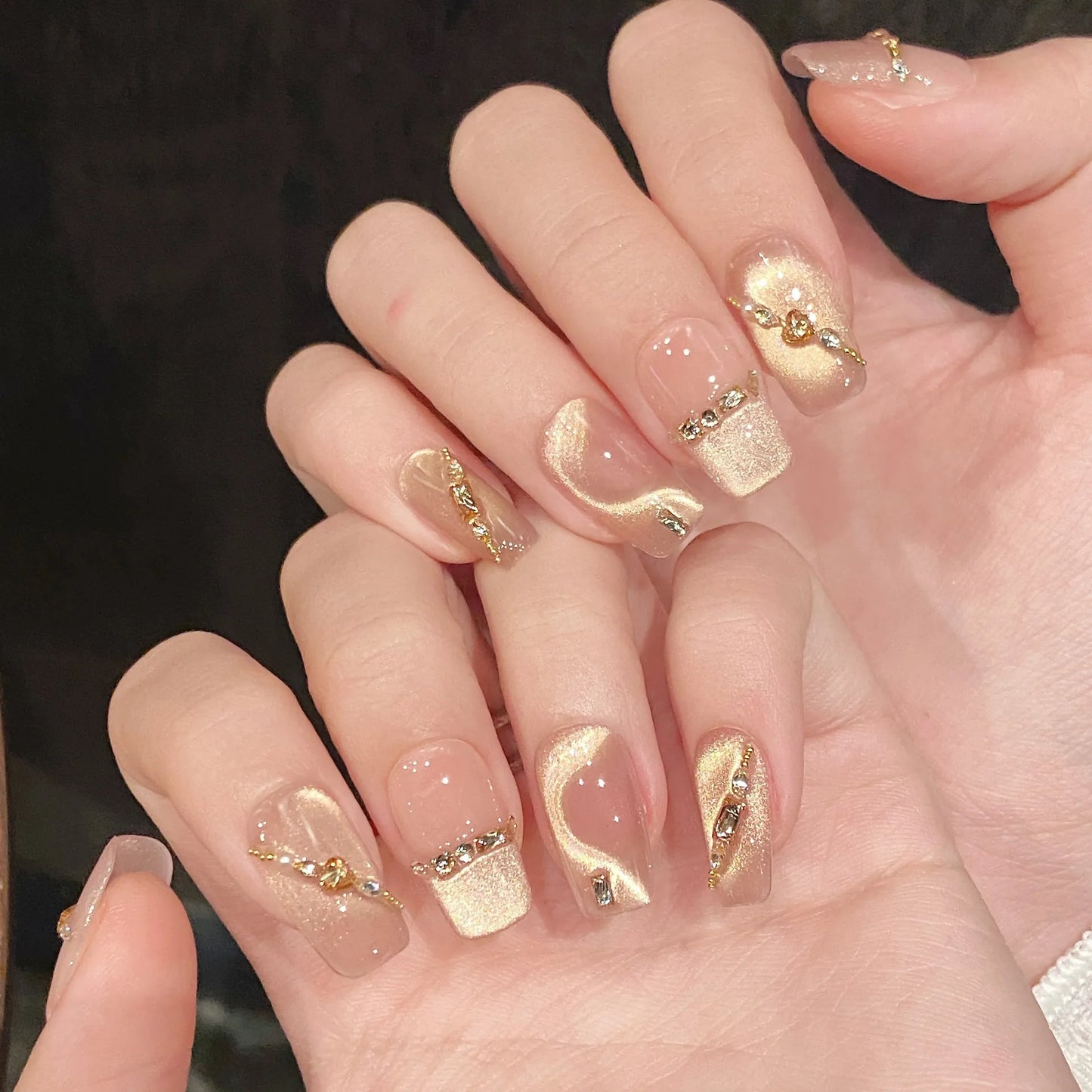 10pcs Handmade Press on Nails Gold Diamond Decor Nude Cat Eye Fake Nails Glitter Lady Wearable Reusable False Nail Tips Peaceful Pleasures Health and Wellness