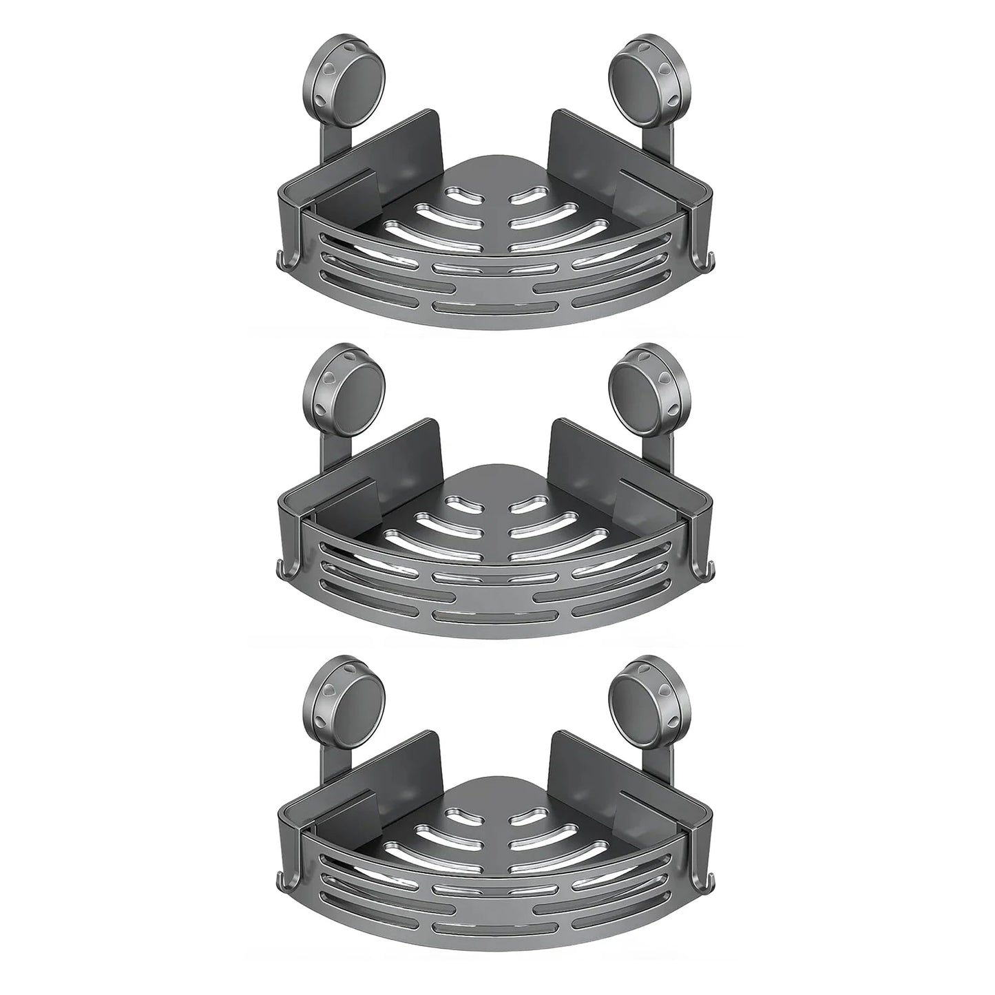 Corner Suction Cup Shower Caddy with Hooks No Drilling Removable Bathroom and Kitchen Storage Organizer for Bathrooms Storage Peaceful Pleasures Health and Wellness Gray Three-layer