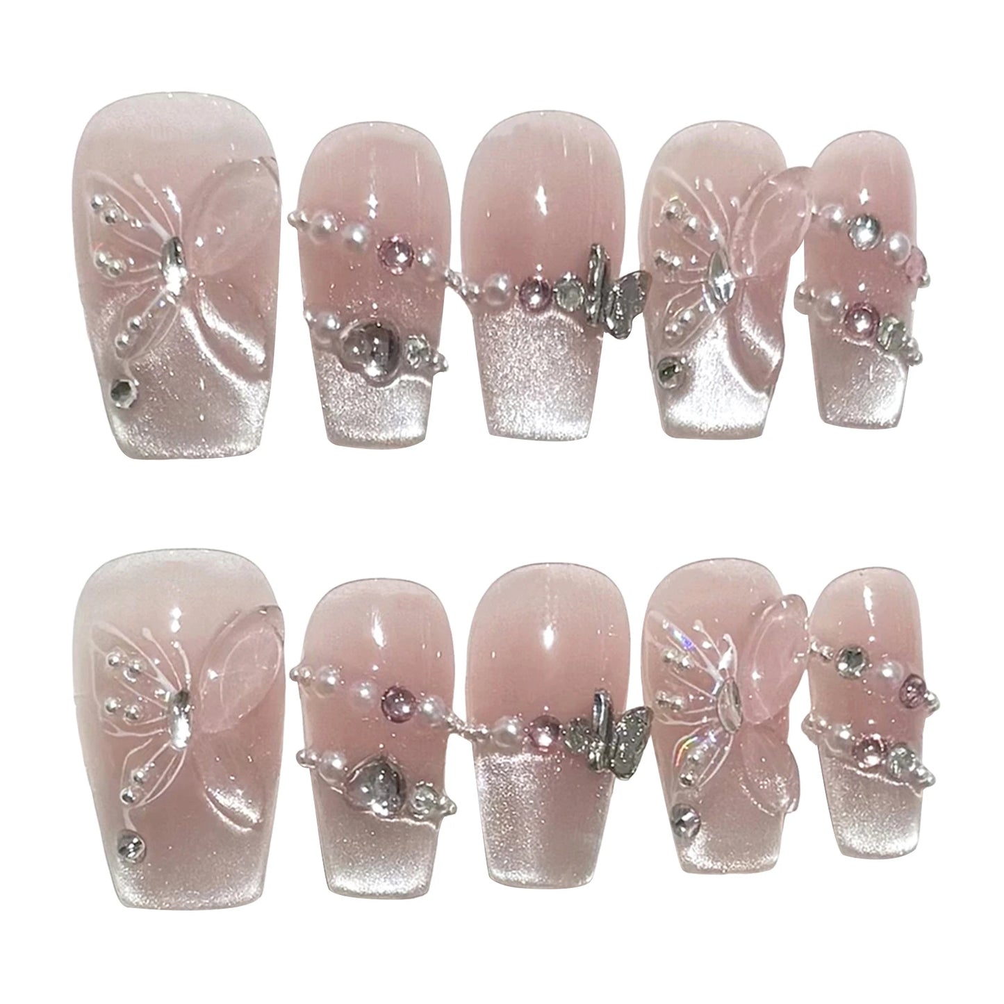 Glitter Cat Eye Press-On Nails | French 3D Butterfly Pink Tips
