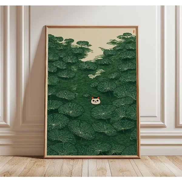 Japanese Cat & Willow Lily Pond Canvas Wall Art Print