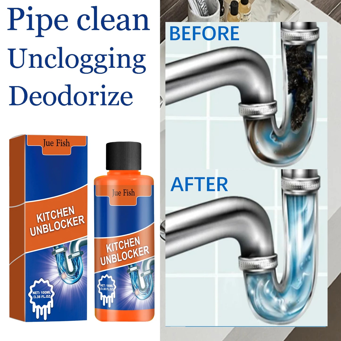 Jue-Fish 100ml Powerful Drain Unblocker | Sink, Pipe & Toilet
