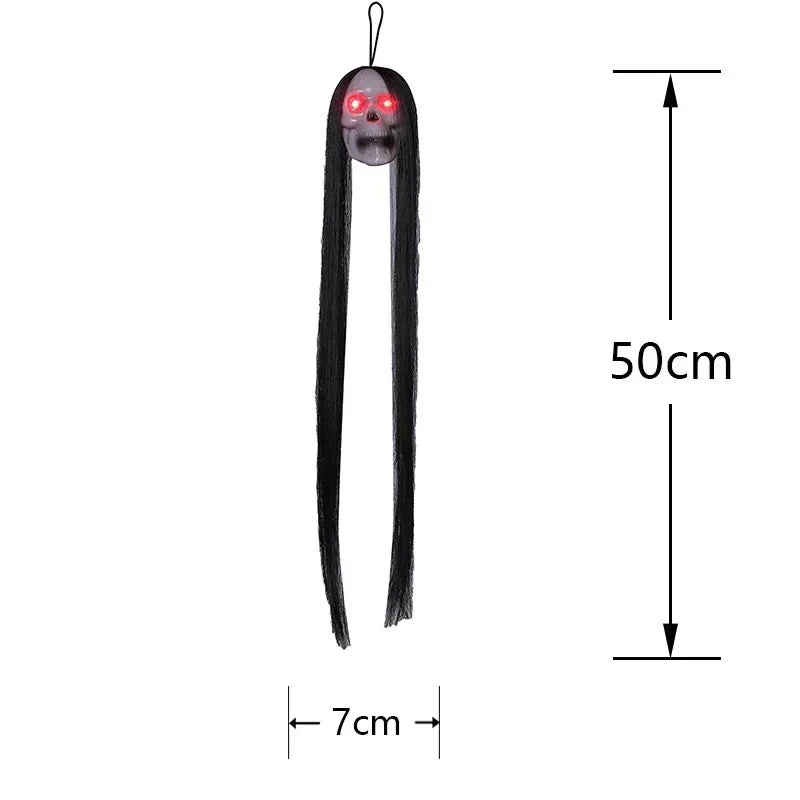 Halloween Hanging Ghost Skull – Glowing Eyes & Long Hair Decor