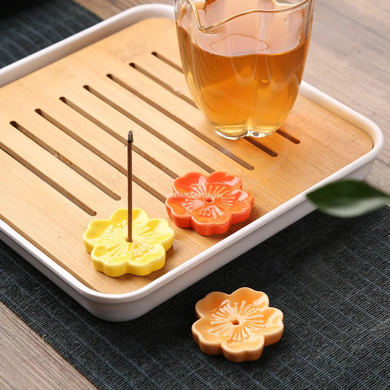 Ceramic Cherry Blossom Incense Holder Wax Melt Burner Holder Aromatherapy Office Teahouse Living Room Ornament Insence Burner Peaceful Pleasures Health and Wellness
