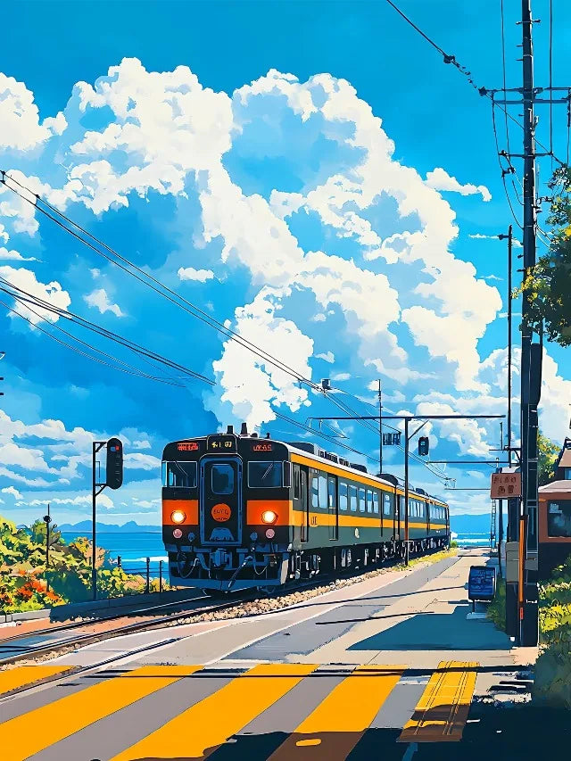 Japanese Anime Landscape Canvas Print | Tram Train Ocean Wall Art Canvas Wall Art Print Peaceful Pleasures Health and Wellness
