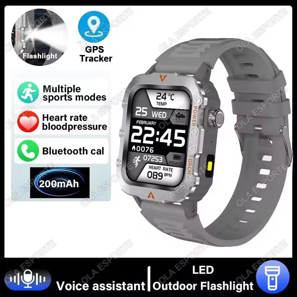 2025 Rugged Military Smart Watch Men's Watch 2.01Inch HD Touch Screen Voice Bluetooth Call LED Flashlight Outdoor Smartwatch Man Peaceful Pleasures Health and Wellness Q11-Silver