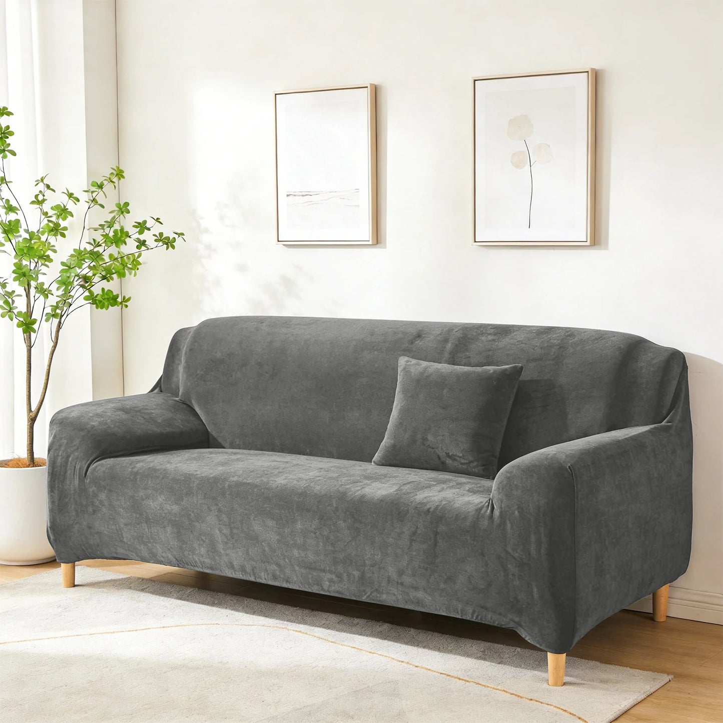New Velvet Plush Stretch Sofa Slipcover Non Slip Soft Couch Loveseat Covers Furniture Protector with Elastic Bottom for Kids Pet Peaceful Pleasures Health and Wellness Grey 4 Seat ( 225-290cm)