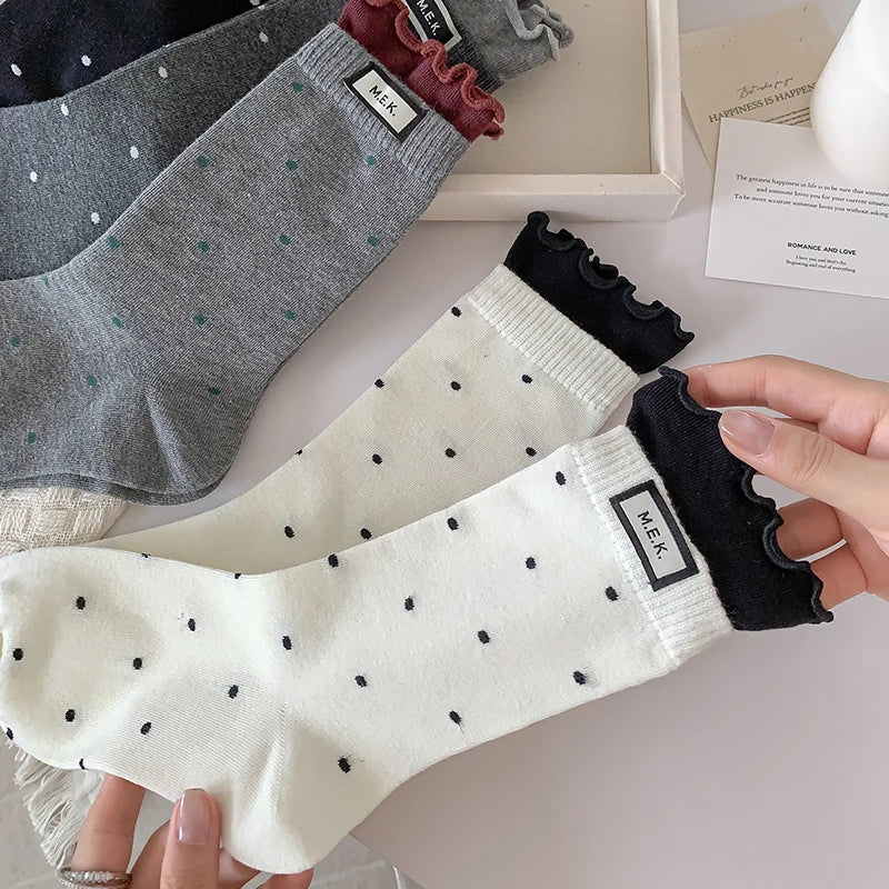 Socks For Women New Dots Cute Frilly Casual Fashion Long Socks Breathable Preppy Style Ladies Novelties Socks Cotton Soft Comfy Peaceful Pleasures Health and Wellness