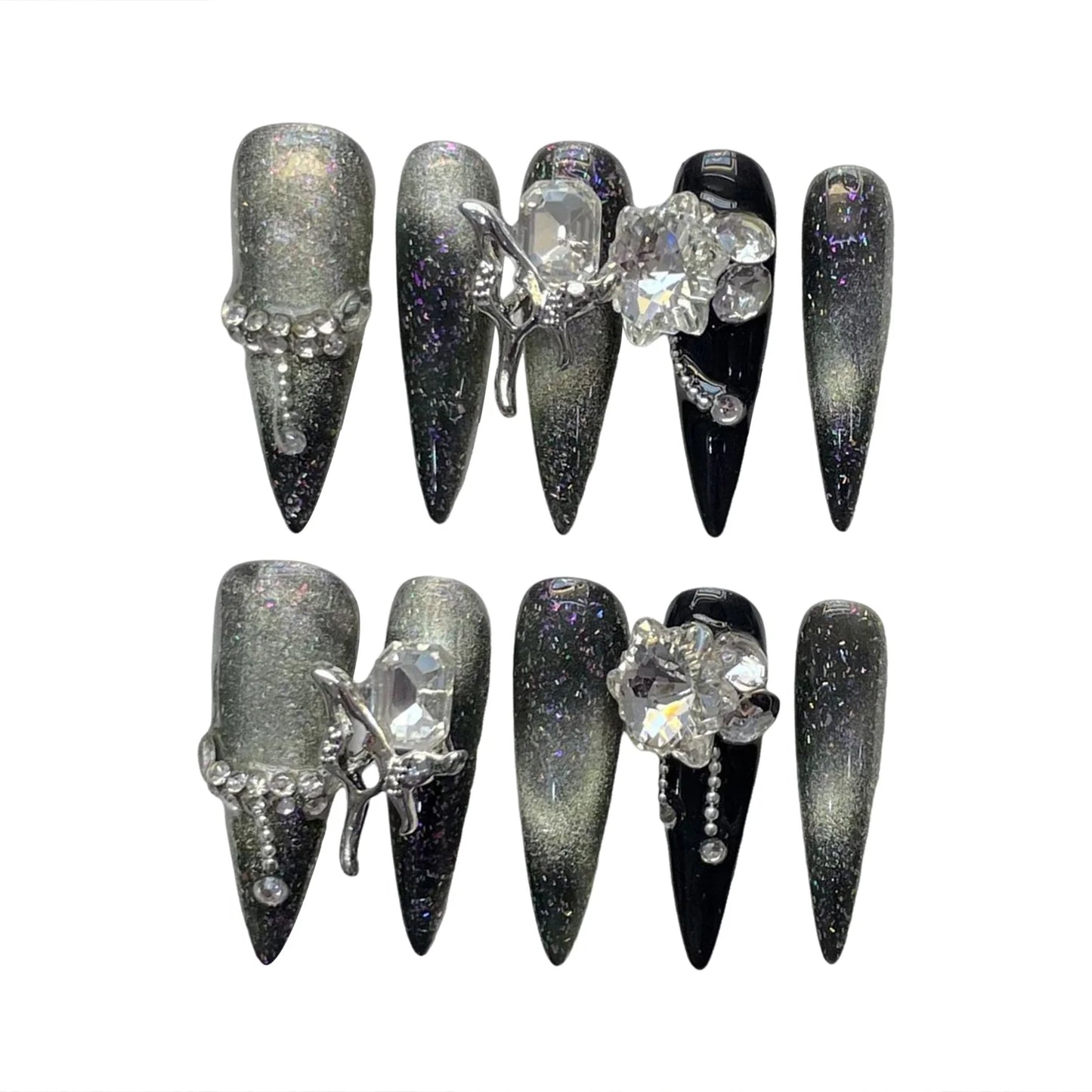 Gothic Black Silver Press-On Nails | Long Crystal Stiletto Set