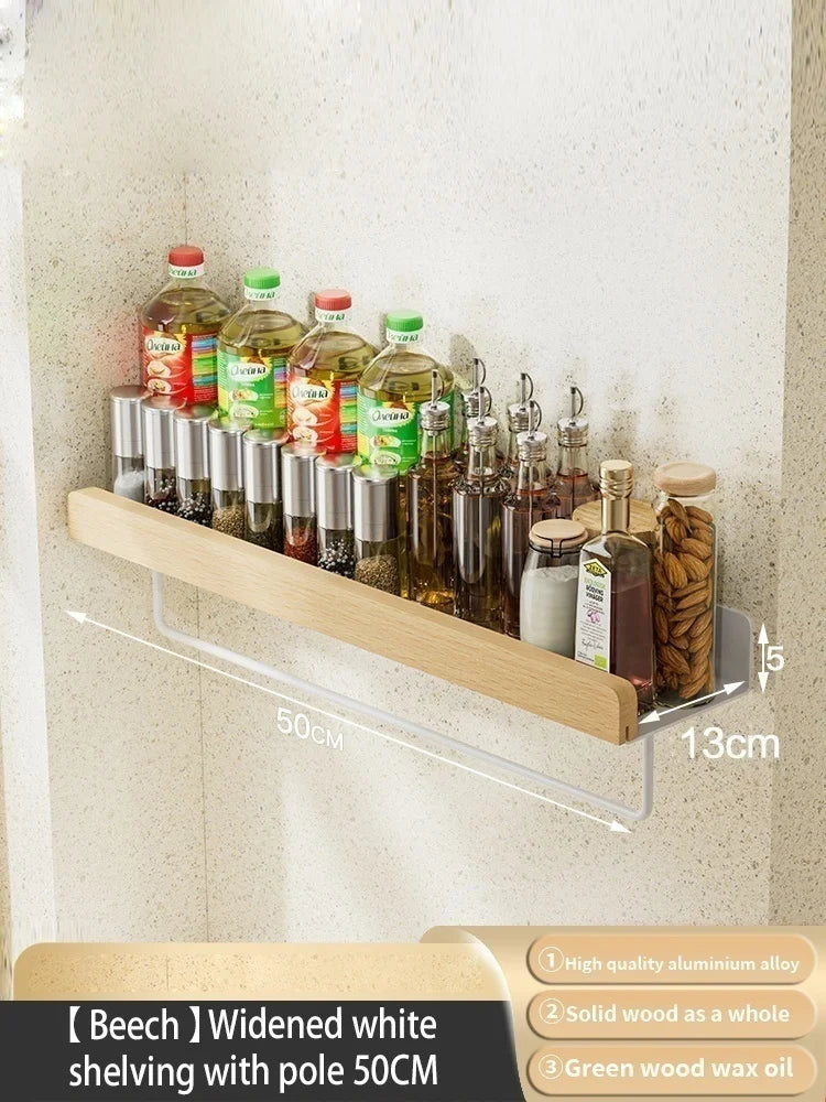 Wall-Mounted Wood & Aluminum Spice Rack with Hooks | Kitchen Organizer