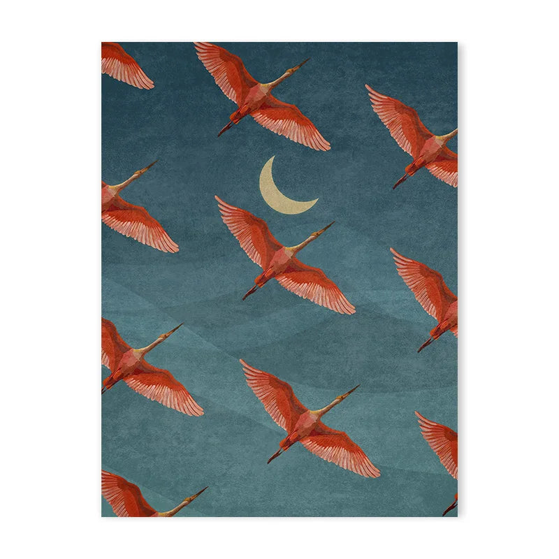 Red Crane Hokusai Canvas Wall Art | Coastal Vintage Print