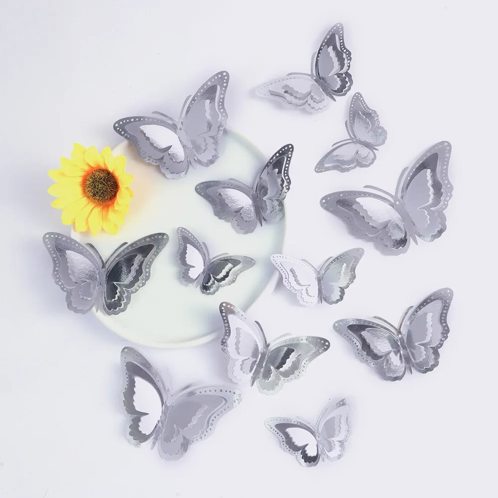 12pcs 3D Hollow Layered Butterfly Wall Sticker Gold Decorative Butterfly Home Decor Fridge DIY Party Wedding Sticker 3D Stickers Peaceful Pleasures Health and Wellness Silver 12pcs