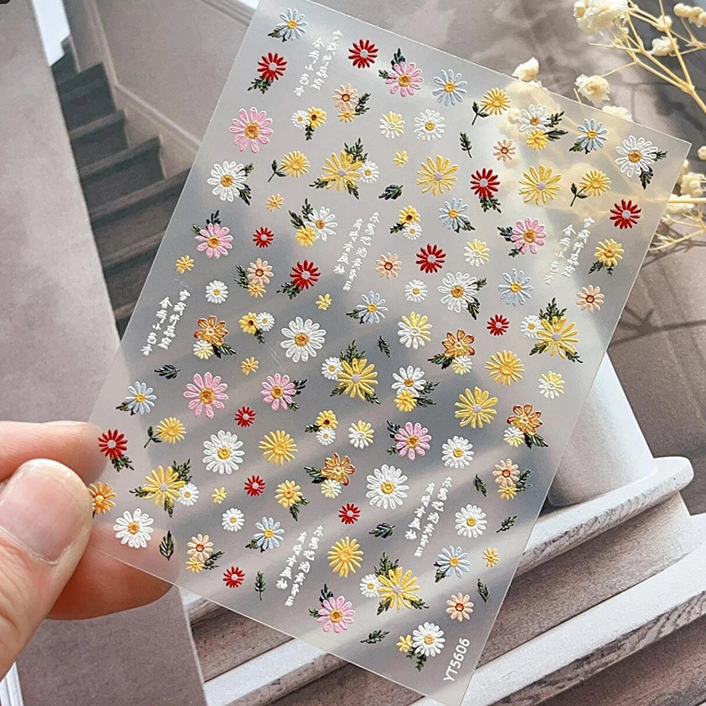 5D Spring White/Pink Embossed Daisy Nail Art Stickers White Daisy Flowers Nail Decal Self-Adhesive Elegant Daisy Floret Slider Peaceful Pleasures Health and Wellness