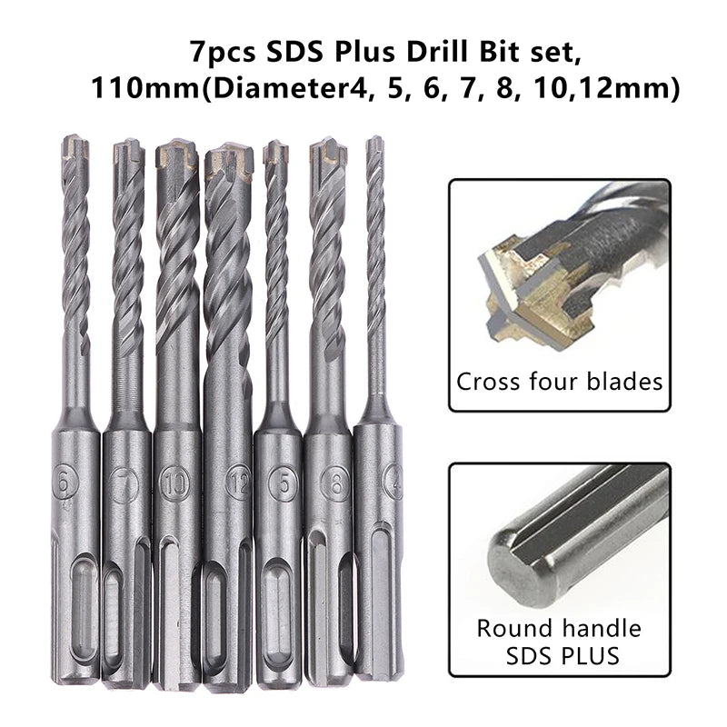 7-Pc SDS Plus Drill Bit Set | Concrete Hammer Drill Kit 4–12mm