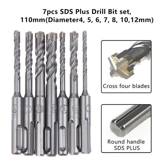 7-Pc SDS Plus Drill Bit Set | Concrete Hammer Drill Kit 4–12mm Masonry Drill Bit Set Peaceful Pleasures Health and Wellness Default Title