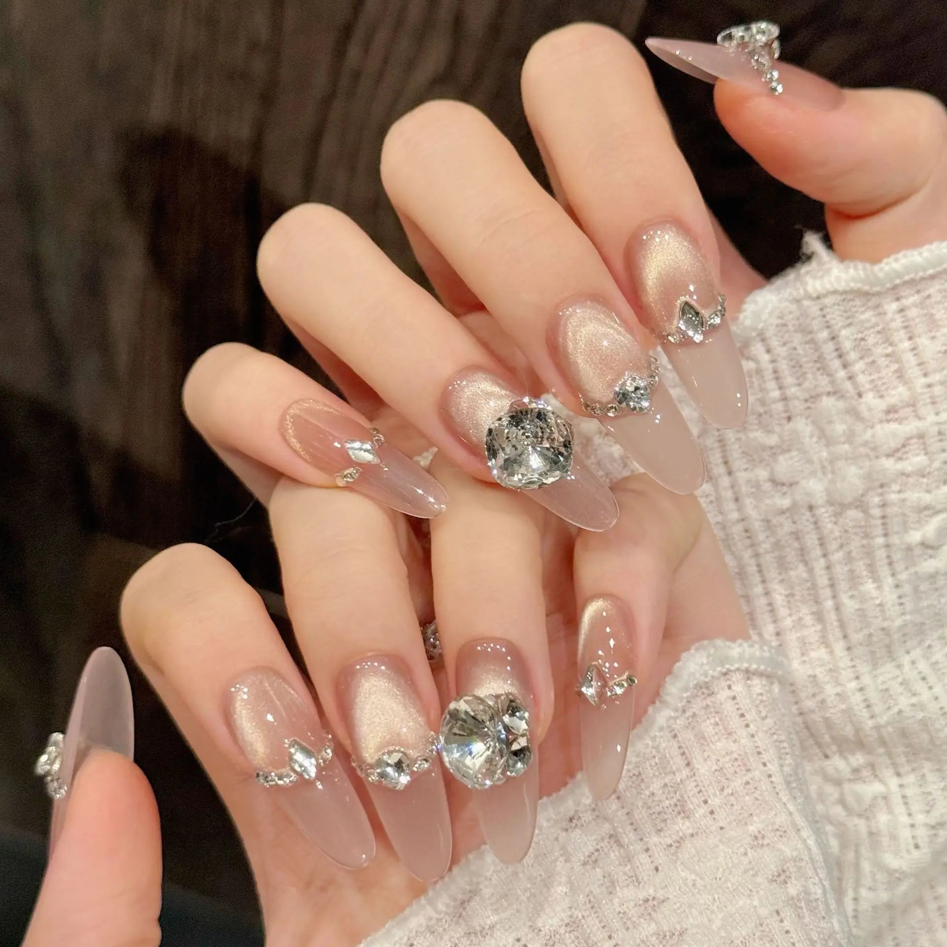 10pcs Handmade Champagne Flash Anti-French Press on Nails Cat's Eye Fake Nails Luxury Wearable Long False Nails K9 Diamond Decor Peaceful Pleasures Health and Wellness XS