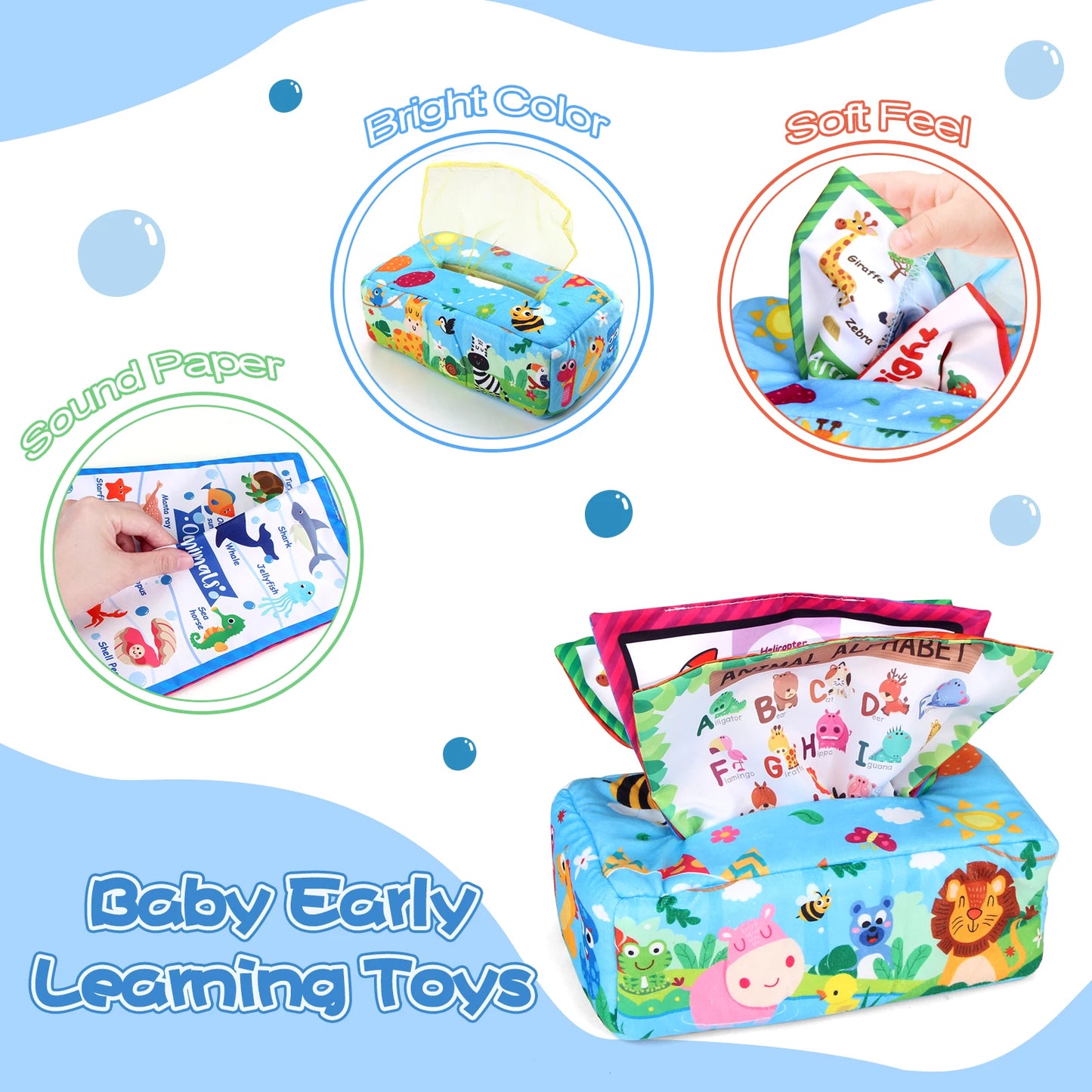 Baby Tissue Box 0-18M Sensory Toy Colorful Soft Toddler Finger