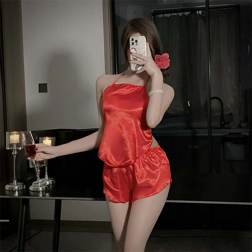 Women's Silk-Feel Camisole Shorts Pajama Set | Summer Sleepwear Women's Pajama Set Peaceful Pleasures Health and Wellness Red One Size