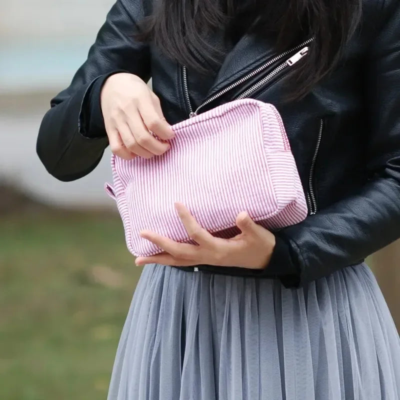 Seersucker Ruffle Cosmetic Bag | Pink Purple Striped Makeup Bag