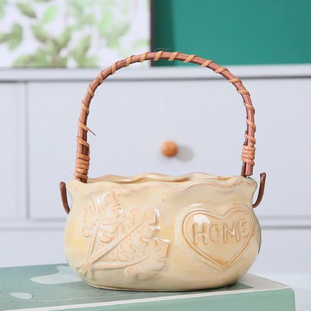 Nordic Ceramic Succulent Planter with Handle | Breathable Pot