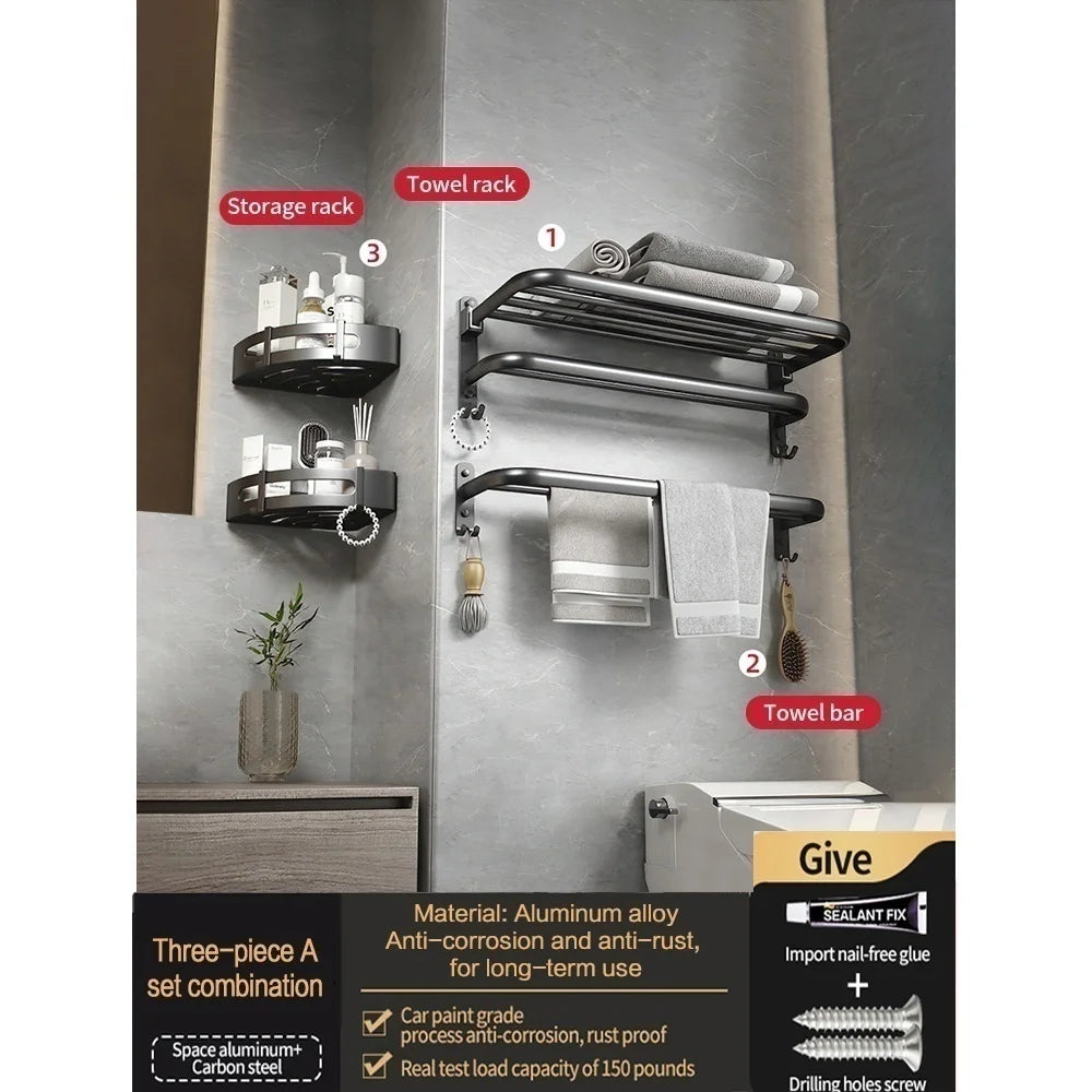 No-Drill Wall Mounted Bathroom Hardware Set | Towel Rack & Hook