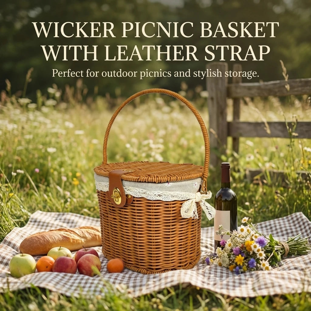 Vintage Country Style Picnic Basket with Belt Buckle Decoration for Outdoor Use Peaceful Pleasures Health and Wellness