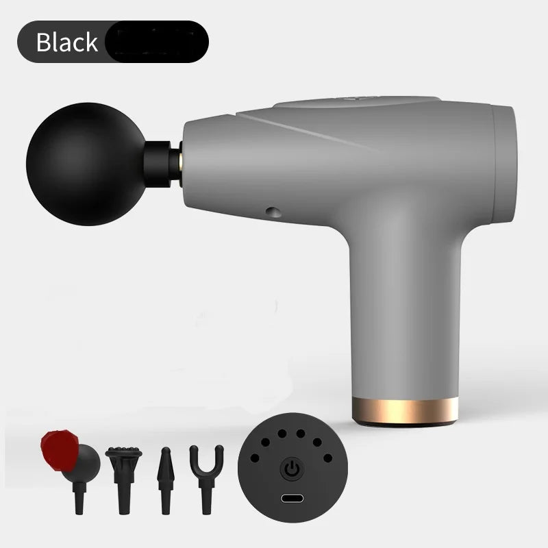 Black 4-Head Mini Fascia Gun Multi-Stage Massage Gun Muscle Relaxation Massage Equipment Portable Vibration Massager Peaceful Pleasures Health and Wellness GRAY