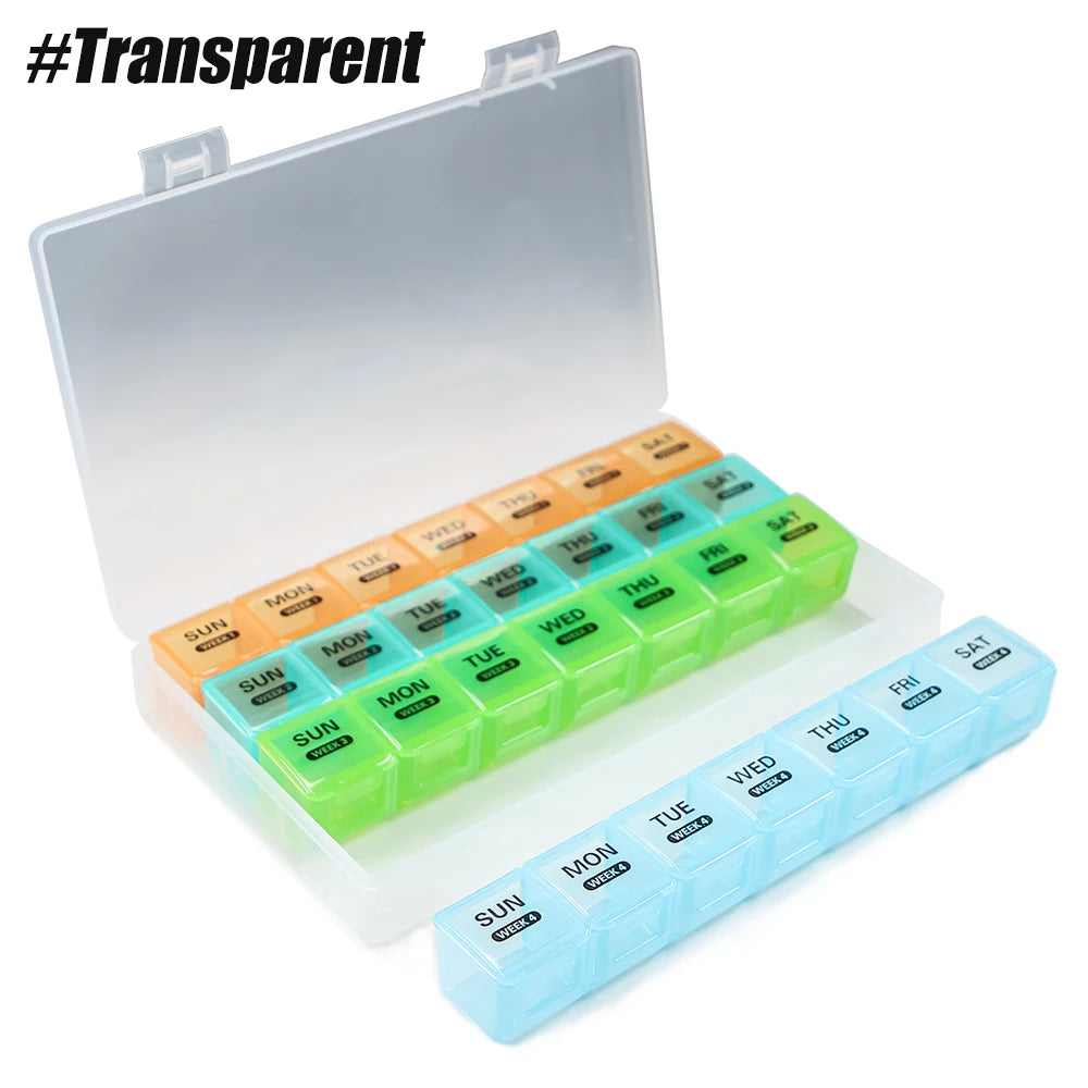 Monthly Pill Organizer, 28 Day Pill Box, 4 Weeks One Month Pill Cases, Large Compartments Medicine Organizer Vitamins, Fish Oils Peaceful Pleasures Health and Wellness Transparent
