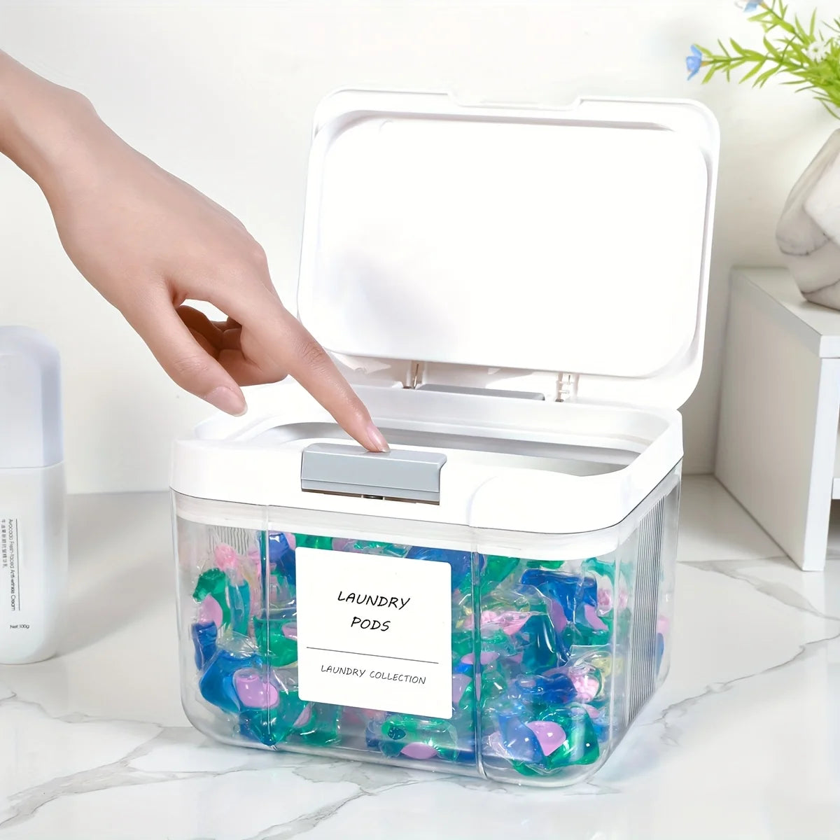 Laundry Pod Holder with Lid – Sealed Auto Pop-Up Large Capacity Organizer Box