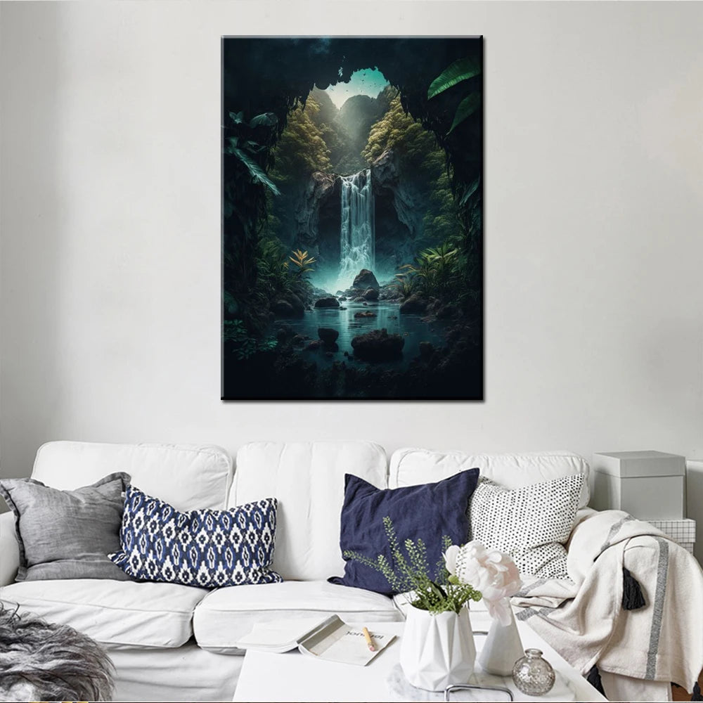 Golden Bonsai Waterfall Canvas Wall Art | Nature Forest Print