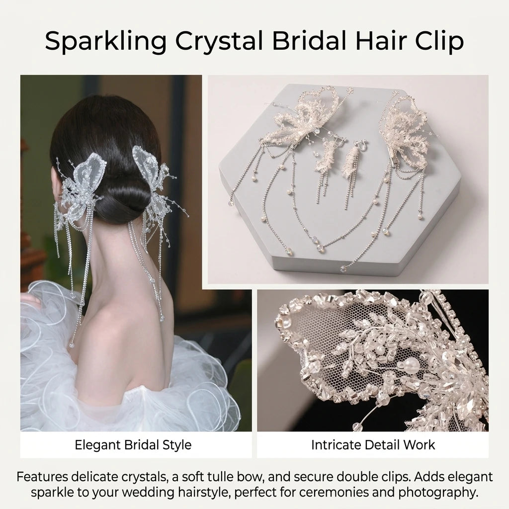Korean Bridal Crystal Veil Bows Hair Clip With Tassels For Wedding Ceremony Peaceful Pleasures Health and Wellness